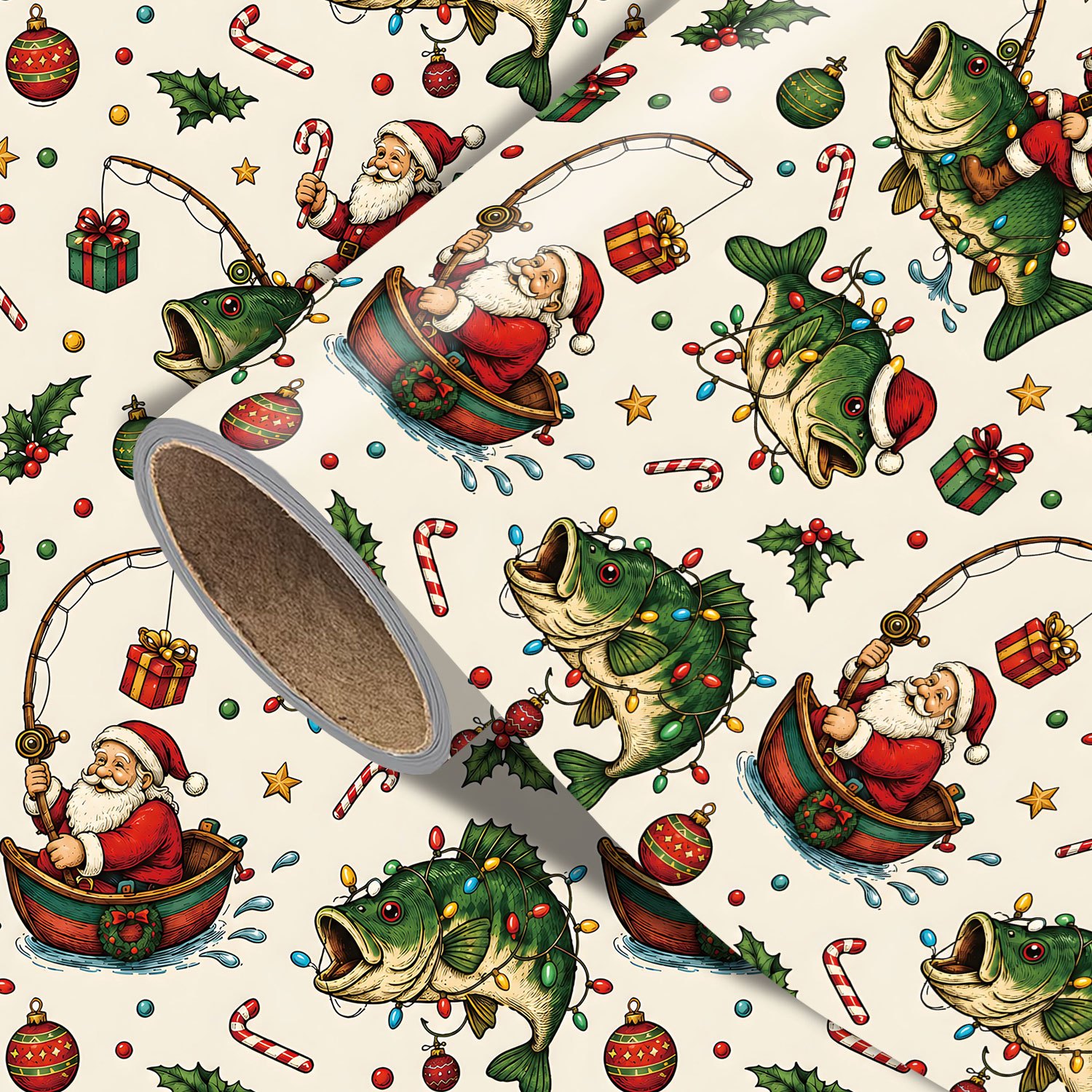 TEMU Rouleau de de Noël Père Noël pêcheur - 17.7 X 118 pouces, papier d'emballage cadeau de Noël amusant avec Père Noël pêcheur, poisson de Noël,