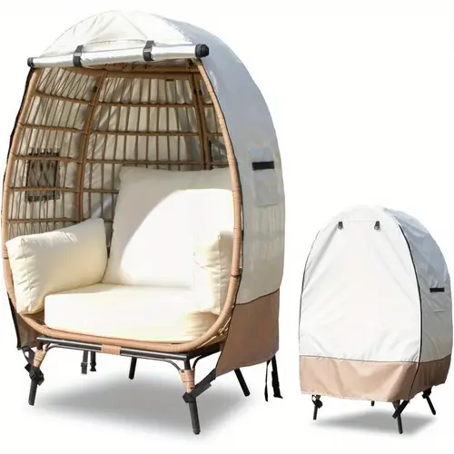 High Quality Wind-Resistant Heavy-Duty Outdoor Egg Chair Cover with Zipper Closure, Air Vents & 4 Straps - Beige/Brown, Fits 43 L x25 W x55.1 H Wicker Patio Basket Chairs