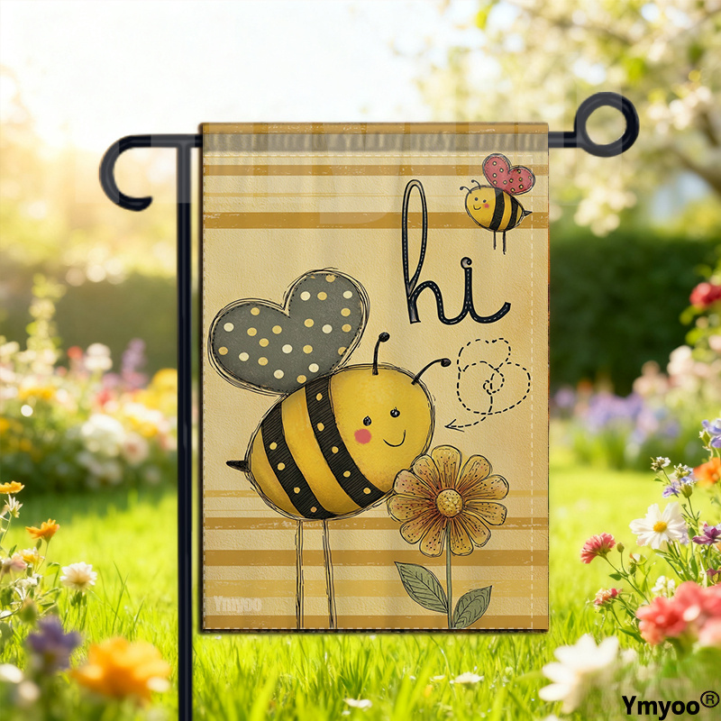 TEMU 1pc Double-sided Garden Decor Garden Flag Cute Cartoon Bees With Heart Shaped Polka Dot Wings And Friendly On Striped Background For Kids Room