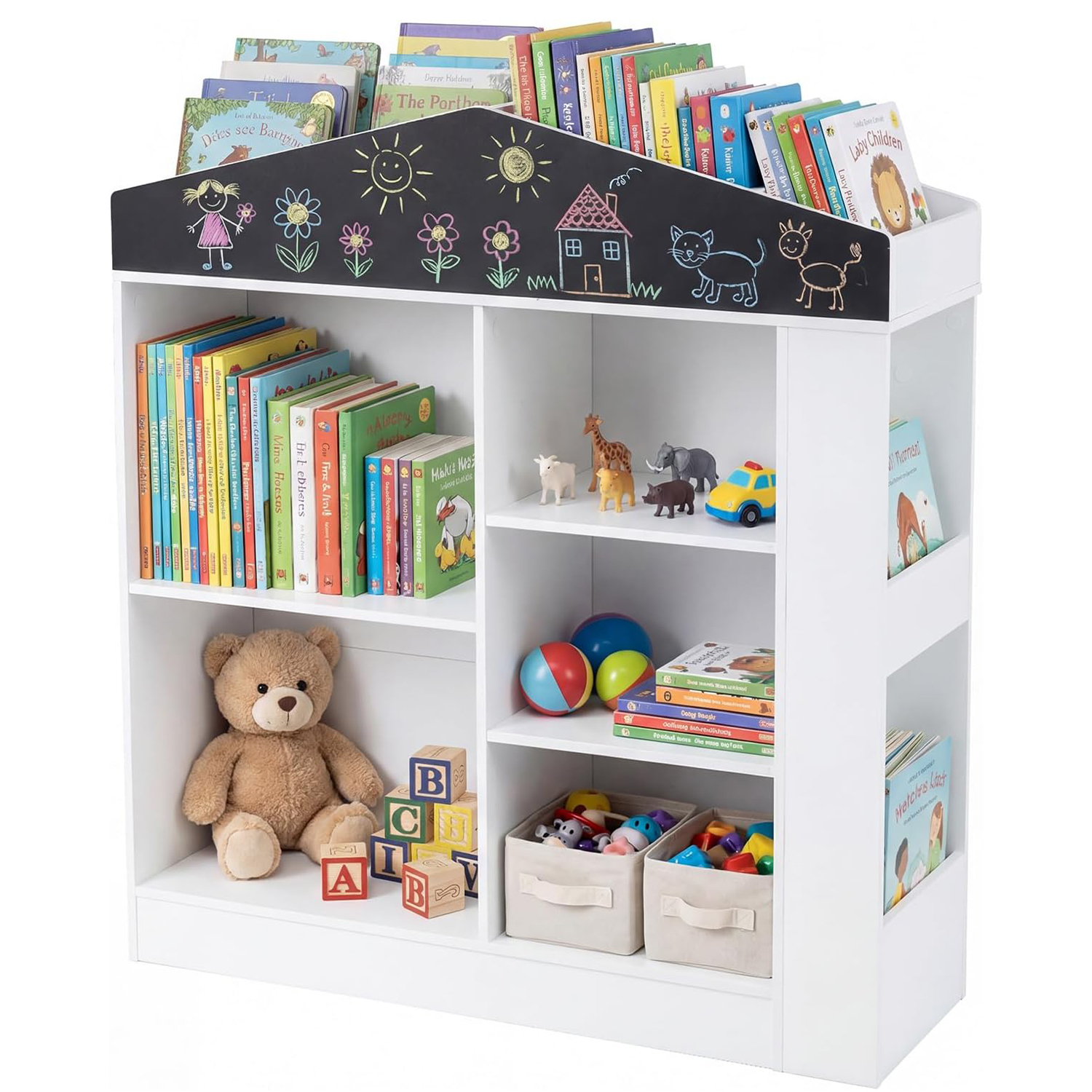 Image of House-shaped Storage Organizer, Kids Dollhouse Bookshelf With Compartments And Chalkboard, Anti-toppling Kits And Anti-falling Baffles, Wooden Children Bookcase For Playroom, Classroom