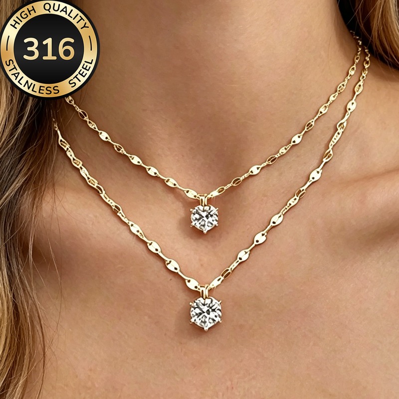 TEMU 2pcs Of High-end Exquisite Six-claw Synthetic Cubic Zirconia Pendant Necklaces, Lip-shaped Chain Women's Necklaces, Stainless Steel Jewelry,