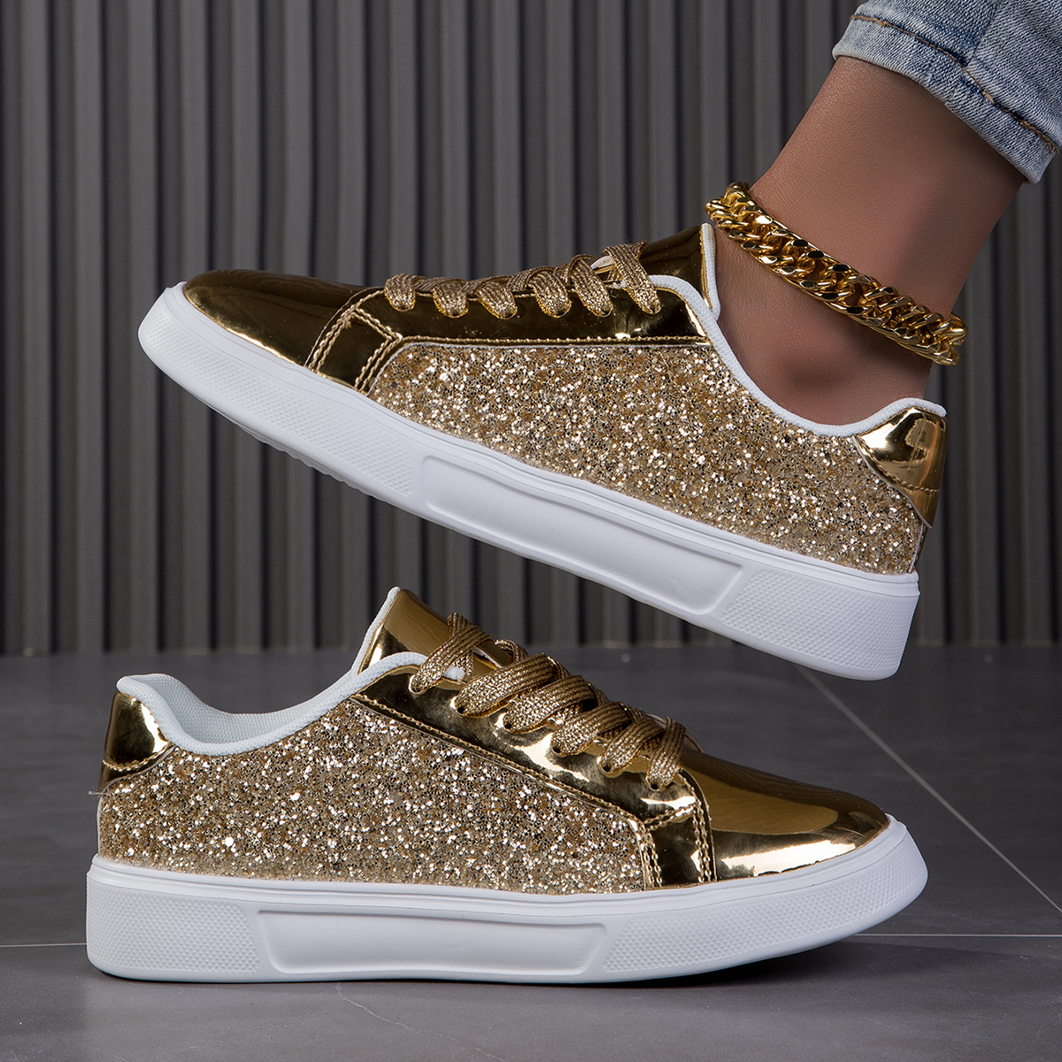 Women's Glitter Sneakers with Sparkling Sequins Lightweight PU Cover  Casual Shoes, Low-Top Lace-* Cushioned EVA Sole Breathable Fabric Lining  for