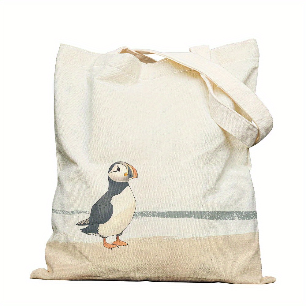 TEMU 1pc Sac à Main Style Jon Puffin Imprimé - Blanc en Polyester Durable, Spacieux avec Fond Plat et Poignées Solides, Cadeau Idéal pour la Fête des