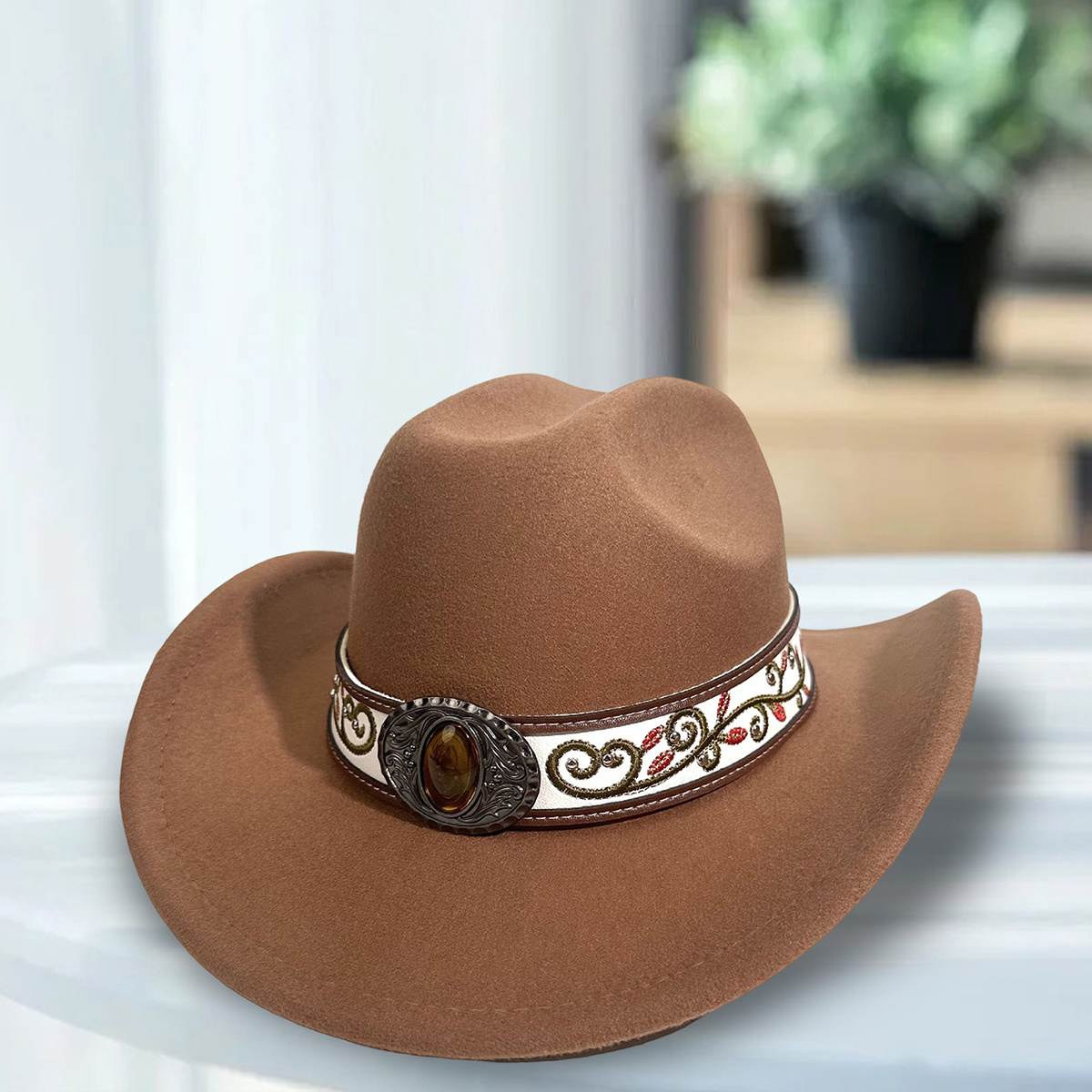 classic western cowboy hat for - wide brim felt flat top hat  display picture 2