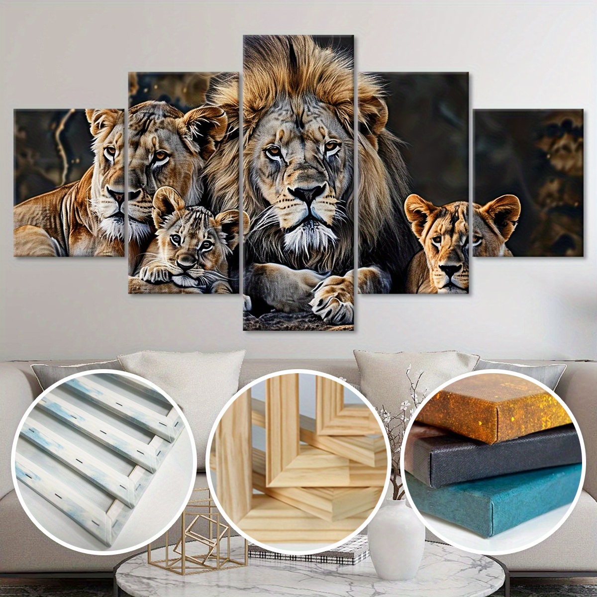 5-delige Leeuwenfamilie Wanddecoratie Set - Moderne Horizontale Houten Gecadreerde Canvas Posters