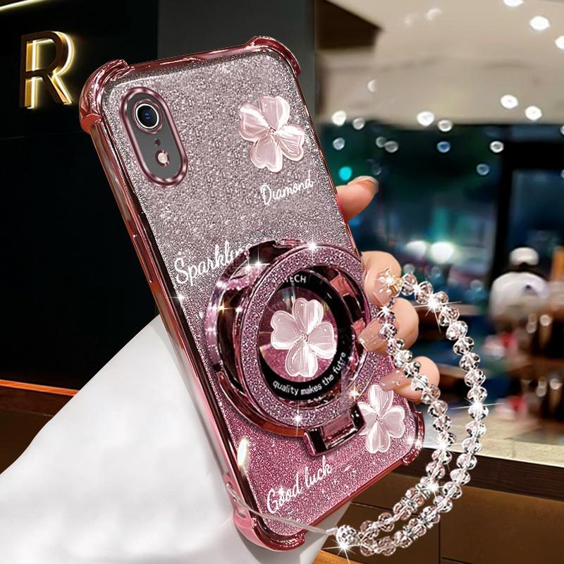 TEMU Phone Case: Luxury Clover Wrist Strap Magnetic Glitter Phone Holder Case On For Iphone Xr Iphonexr Anti-knock Shock Proof Stand Back Cover