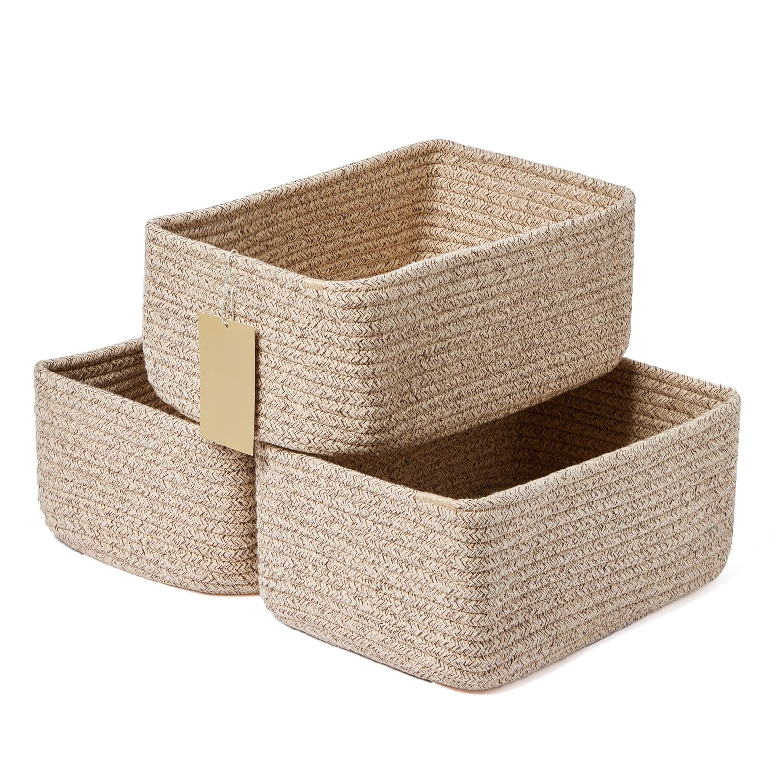 3 Packs Mixed Brown Small Storage Baskets For Organizing | Closet Organizer Bins | Shelf Basket | Woven Rope Baskets | Cube Decorative Box | Shallow Basket, Shelf Baskets