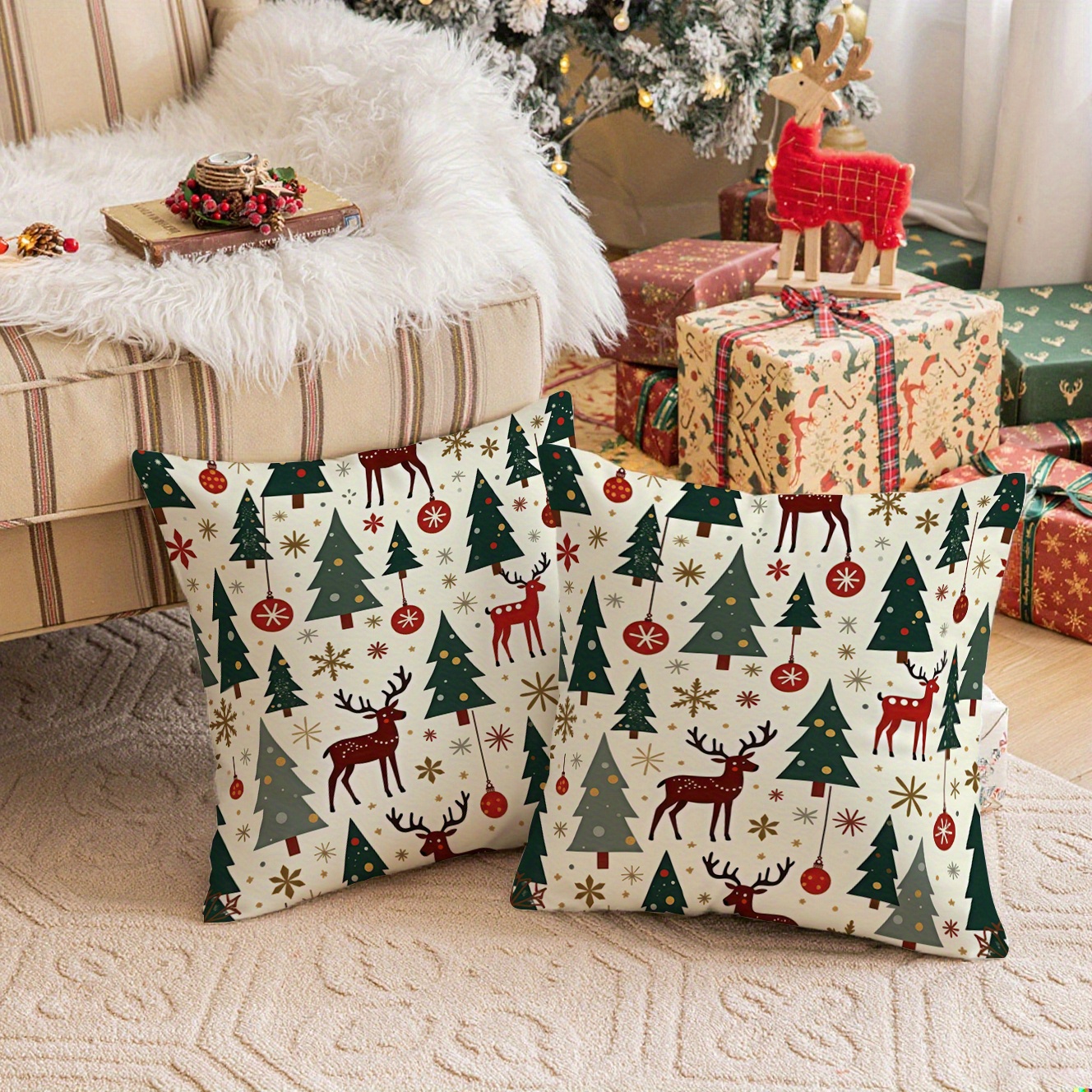 TEMU 2pcs Festive Christmas Decorative Pillows - Cozy Polyester Throw Pillows With Deer, Trees & Balls Design, Zipper Closure, Hand Wash Only, Decor,