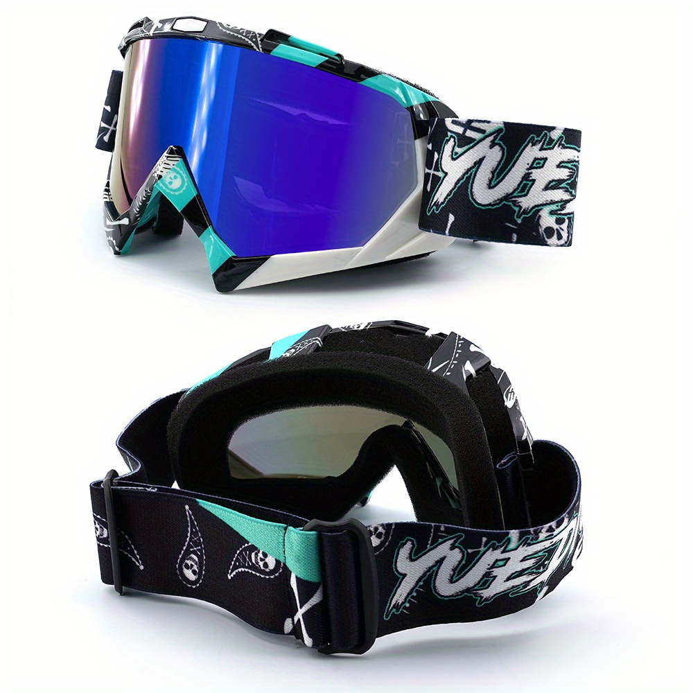 

YUE Lunettes de Moto & Ski Élégantes - Résistantes aux Rayures, Sangle Ajustable, Lentille en TPU en Motif Bleu/Vert/Noir pour la Sécurité en , Lunettes de Motocross