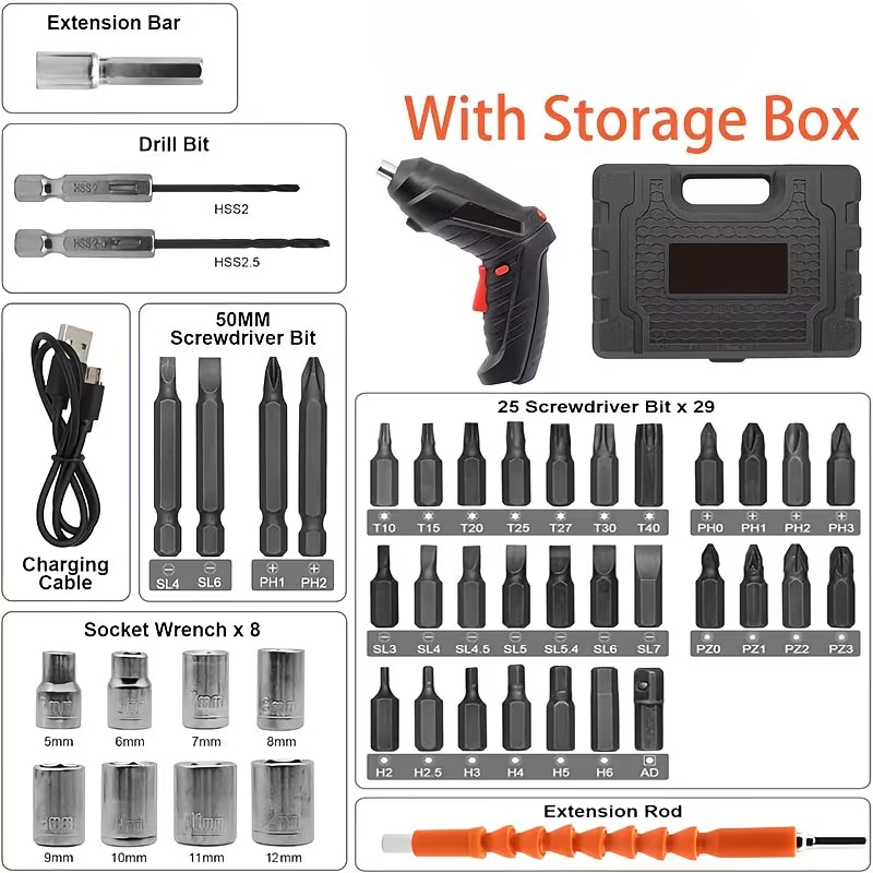 TEMU 46pcs Multi-functional Electric Screwdriver With Batches Of Head Additions, High-quality Lithium Battery For Long , With Led Lights, In Dark
