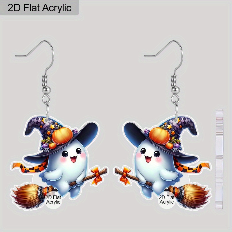 TEMU 2d Flat - A Pair Of Adorable Acrylic Earrings Featuring A On A Broom, Perfect For Halloween. Gothic-style Earrings Are Suitable For Casual Wear