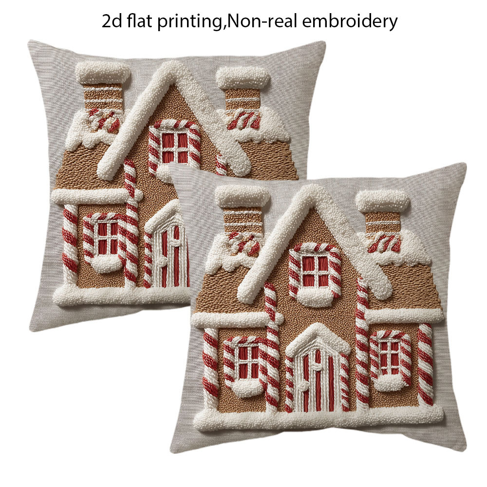 TEMU [jit]2pcs, 2d Flat Printing Christmas Throw Pillow Covers, Non-real Embroidery, Gingerbread House Decor Cushion Covers, 18in*18in, Xmas Gifts