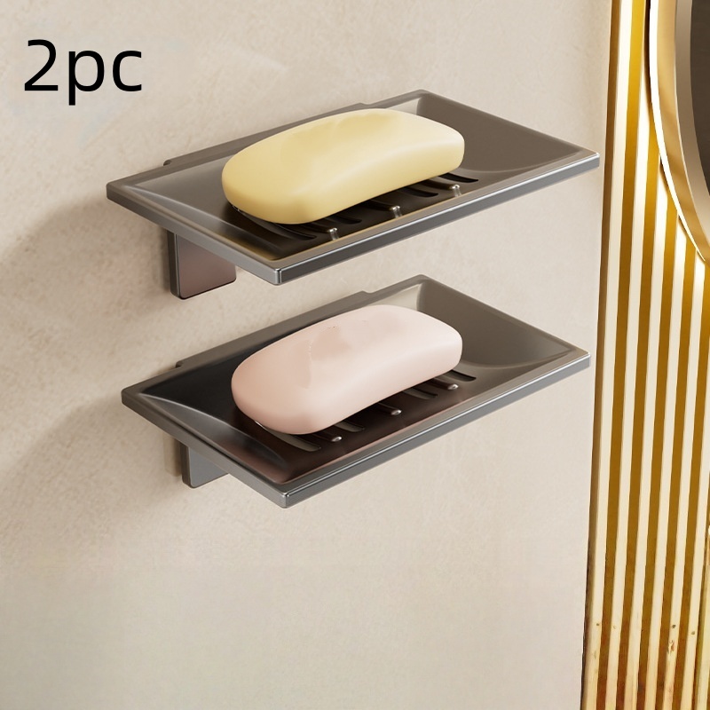 TEMU 2pcs Modern Gray Metal Soap Holder With Patch-wall-mounted, Bathroom Storage Rack, With Drainage Function, Shampoo, Toothbrush And Soap Are