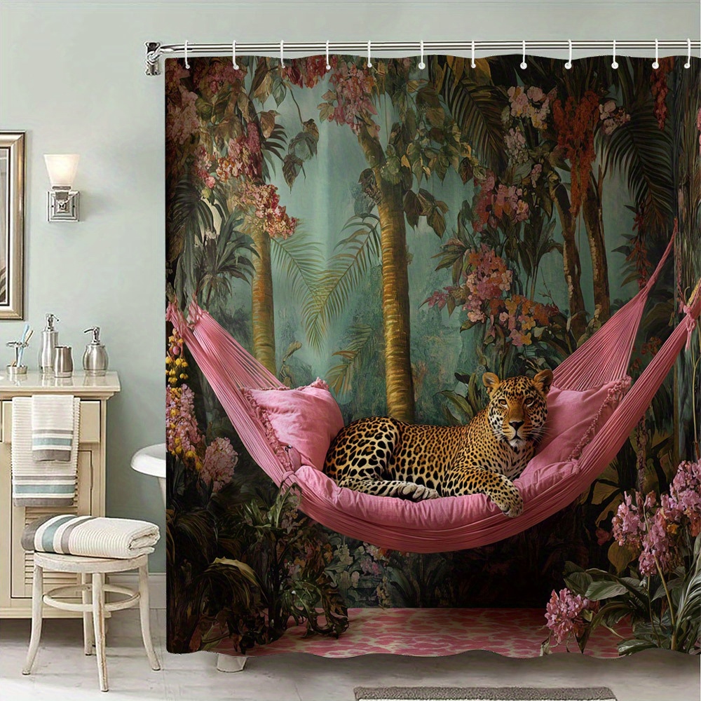 TEMU 1pc Exotic Leopard On Pink Hammock Shower Curtain - Vibe With Tropical Foliage, Realistic Nature Design, Polyester Bathroom Decor With 12 Hooks,
