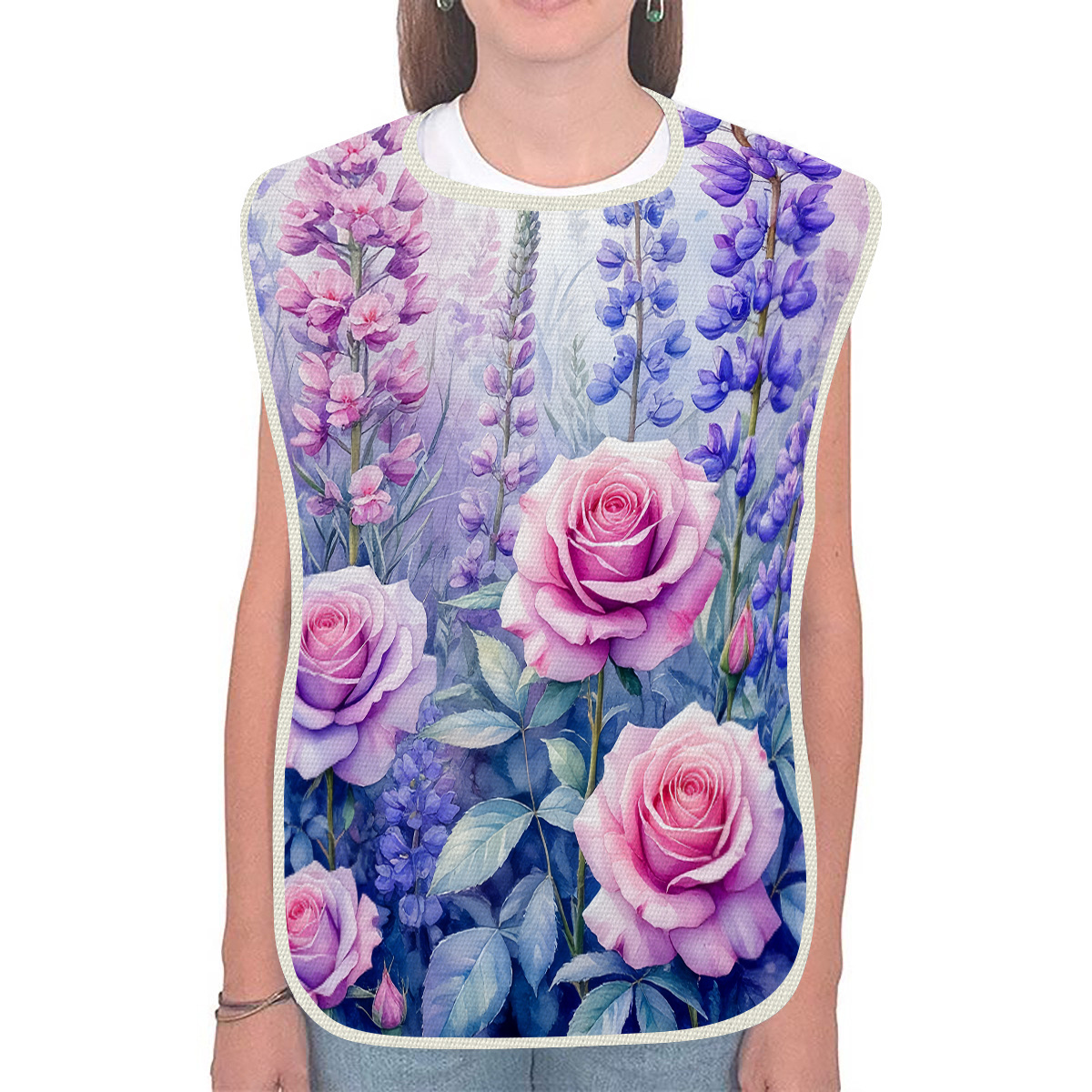 TEMU 2d Flat Exquisitely Printed Bib, Suitable For The And Adults, Featuring Watercolor Pink Roses And Purple-blue Bouquet Elements, Nordic Bib,