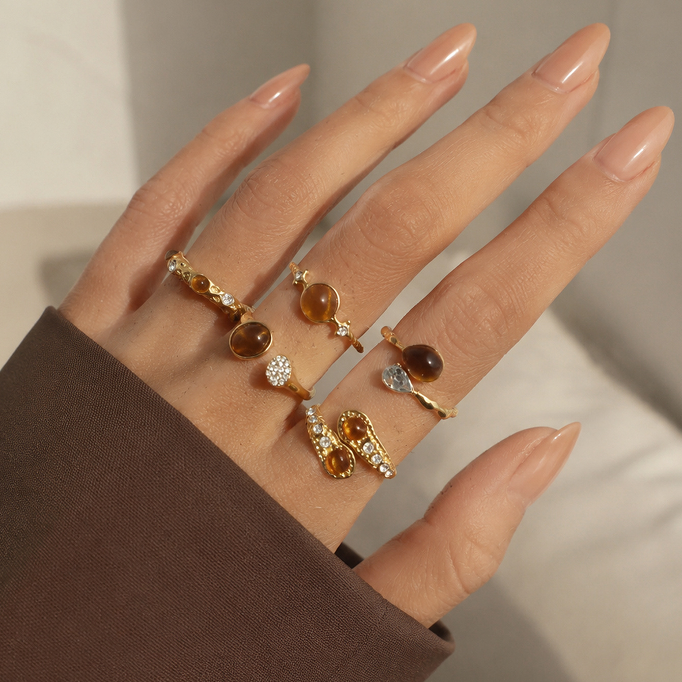 TEMU Lot de 5 bagues bohèmes plaquées, adaptées pour un port , les vacances, les fêtes, cadeau - œil de tigre marron et incrustation simulée, pour un