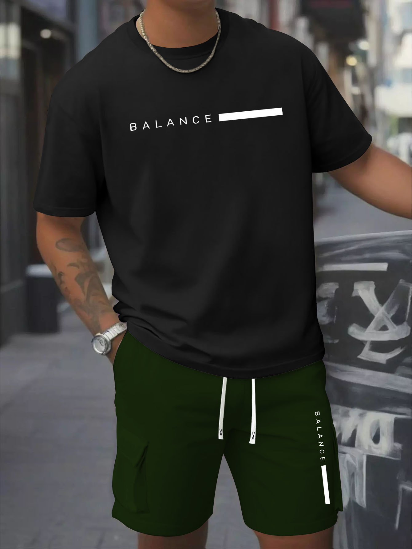 Printed Men's 2pcs Set: Round Neck Cotton Short Sleeve T-Shirt and Work Shorts, Suitable for Spring/Summer