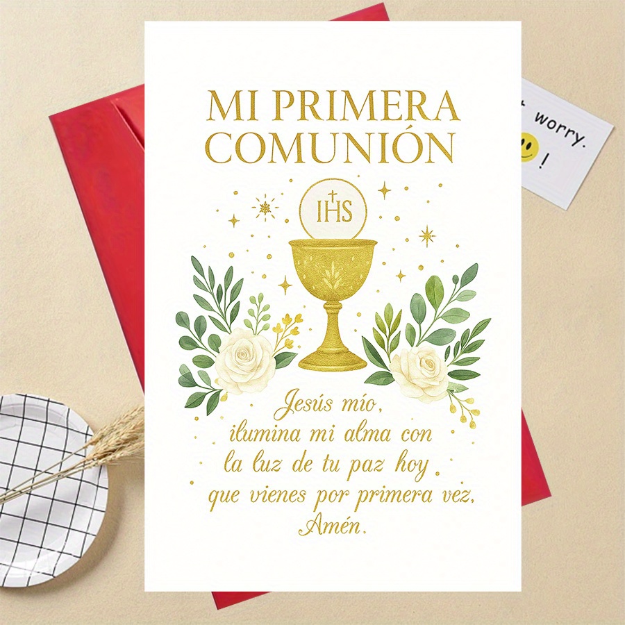 TEMU 1 Tarjeta de Felicitación para Comunión: Elegante Recuerdo Religioso y , en Español, Católico, Diseño Floral Dorado, Ideal para Ocasiones