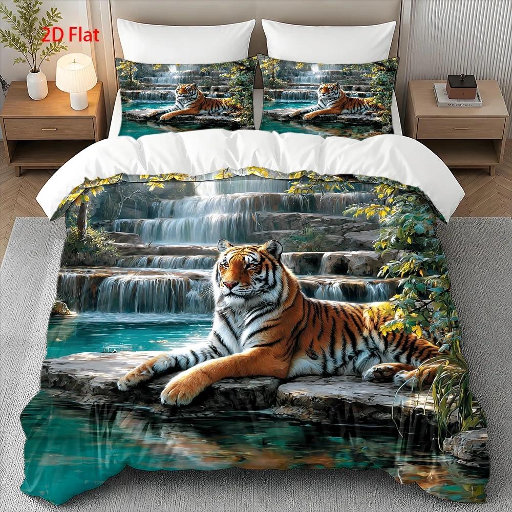 TEMU 3pcs Duvet Cover Set, 1 Duvet Cover   2 Pillowcases, No Filler, 2d Flat Printing, Tiger Waterfall Theme, Realistic Oil Painting Style, Year Of