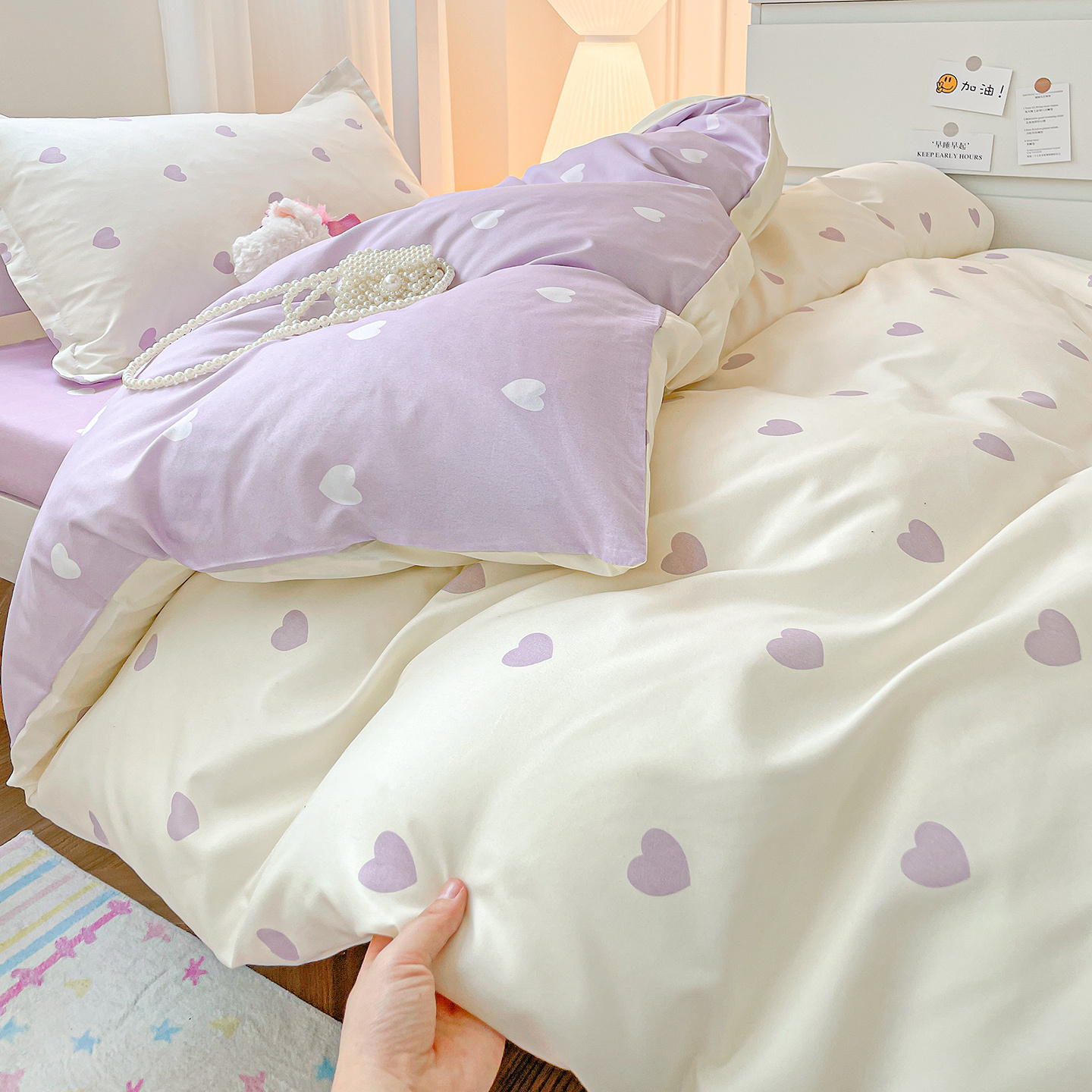 Image of Full Size 3pcs Set, Simple Purple Heart Pattern Duvet Cover Set, Includes Duvet Cover + 2 Pillowcases, Washed Finish, Soft And Skin-friendly, Does Not Pillow Inserts Or Comforter Insert