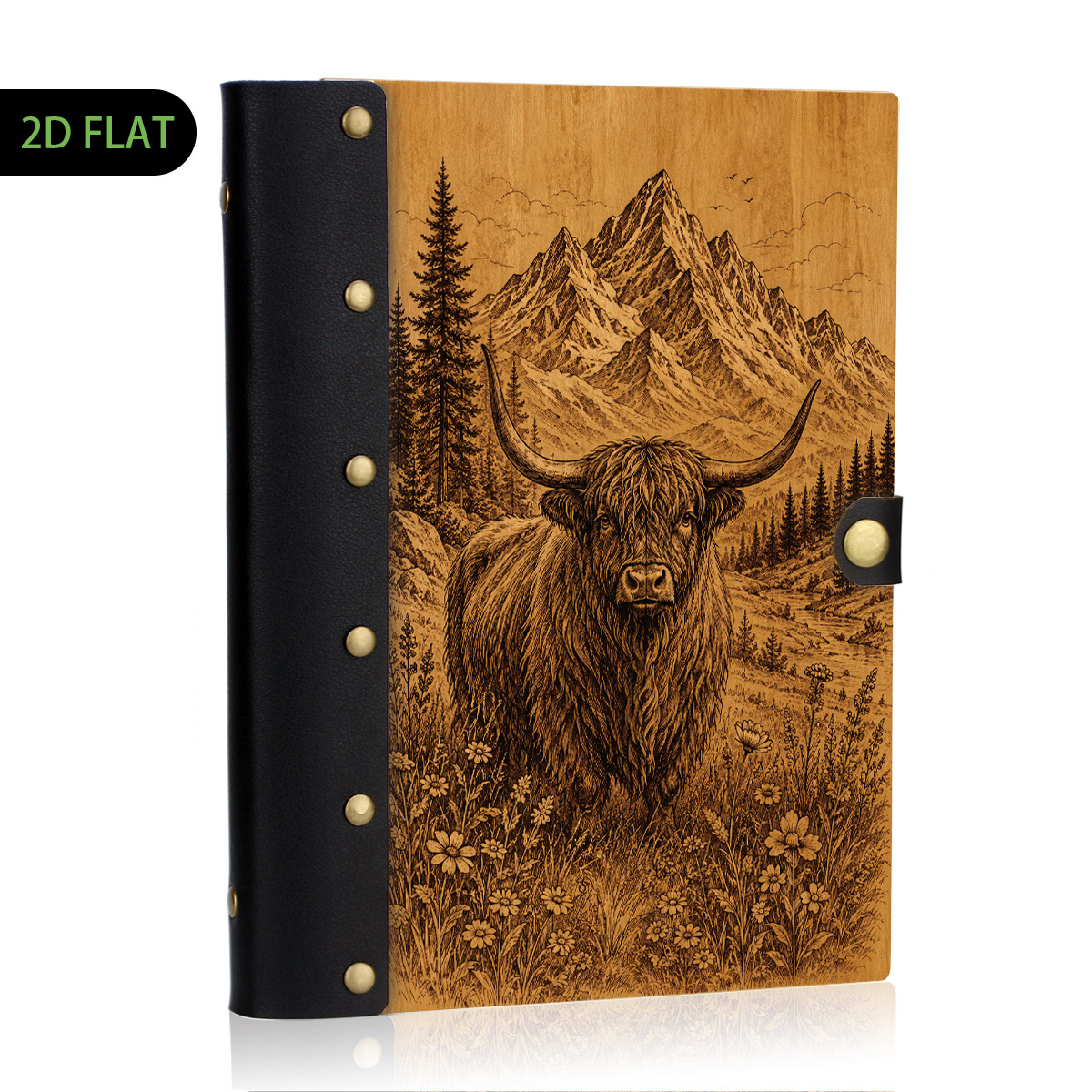 TEMU Carnet 1 pièce à couverture rigide en cuir et bois, 2D plat motif vache des , montagne et prairie, dessin au trait rustique de grain de bois,