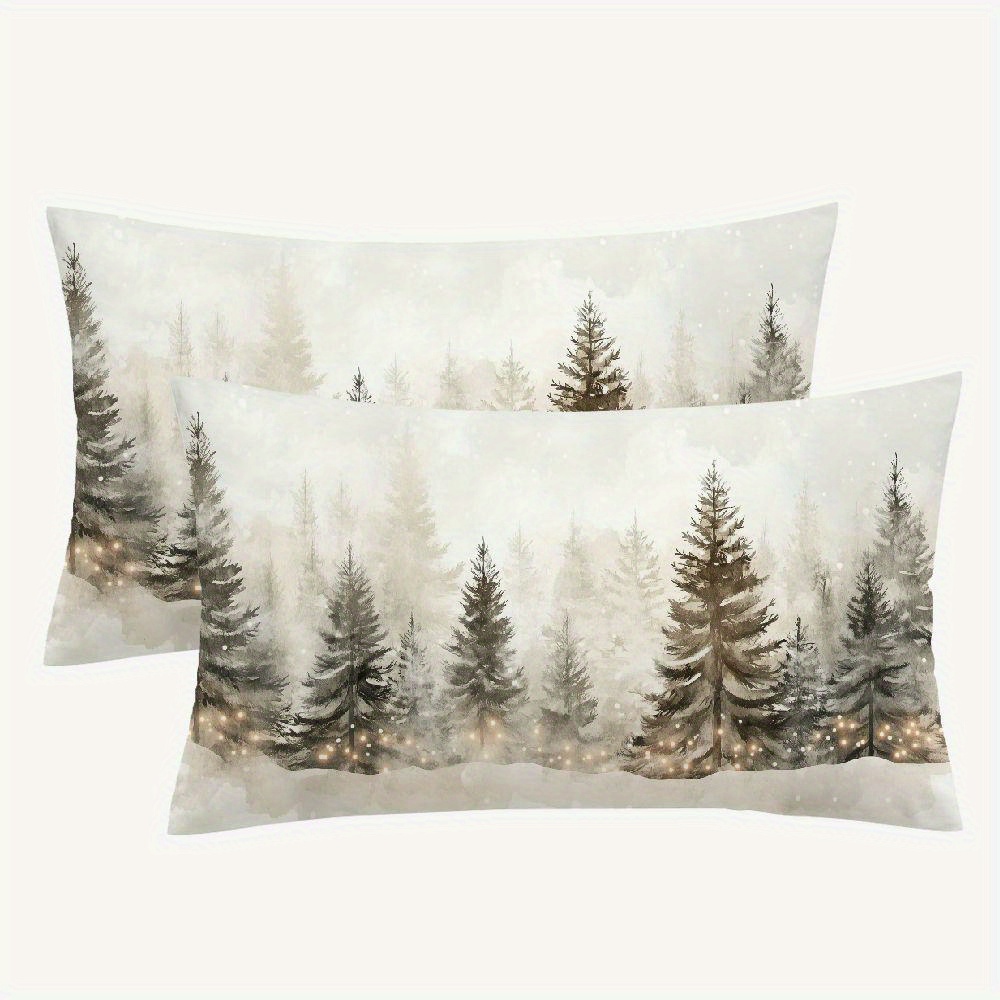 

Pine Trees Themed Decorative Pillow Covers Set Of 2 - No Electricity Needed, Polyester, Winter Accent Cushion Cases For Home And Office