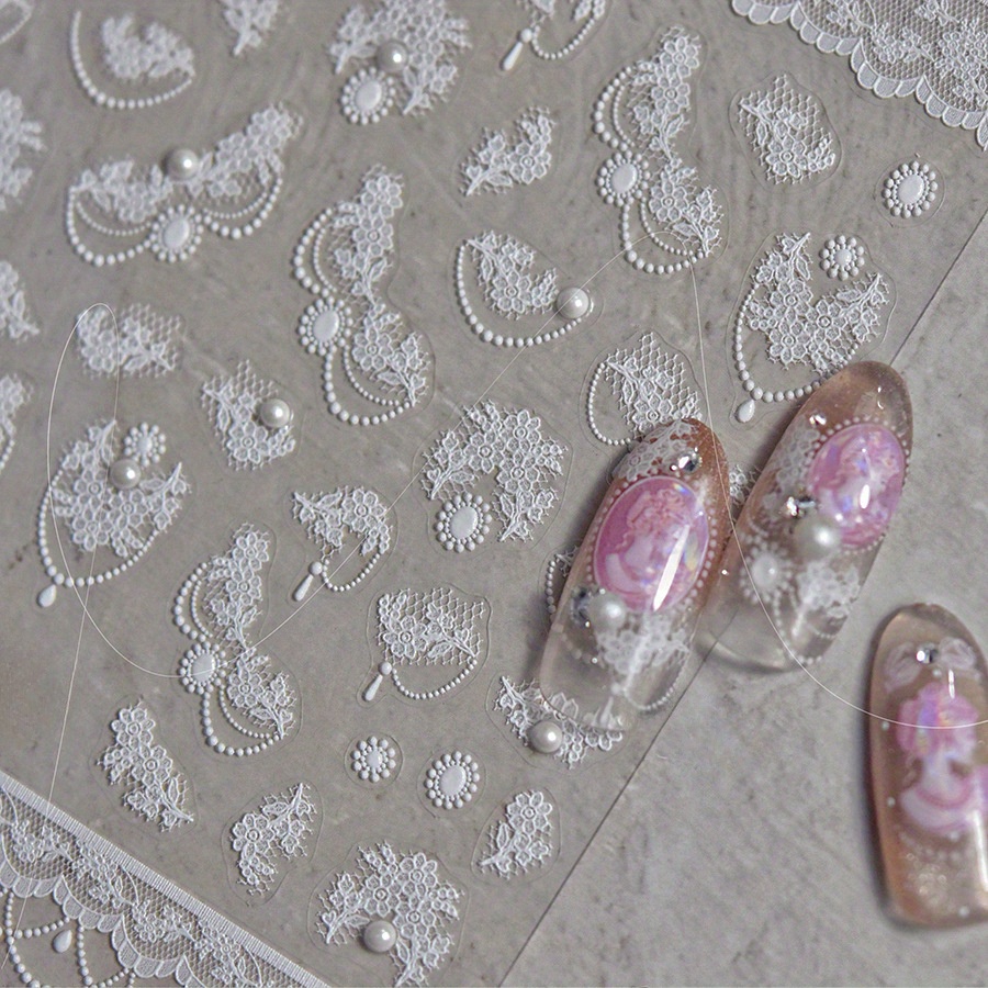 1pc Elegant Pearl Lace Nail Art Stickers - Self-adhesive Decals With Intricate Floral Patterns For Diy Manicure, Princess/fantasy Theme, Plastic Material, Special Occasions, Lace Nail Stickers