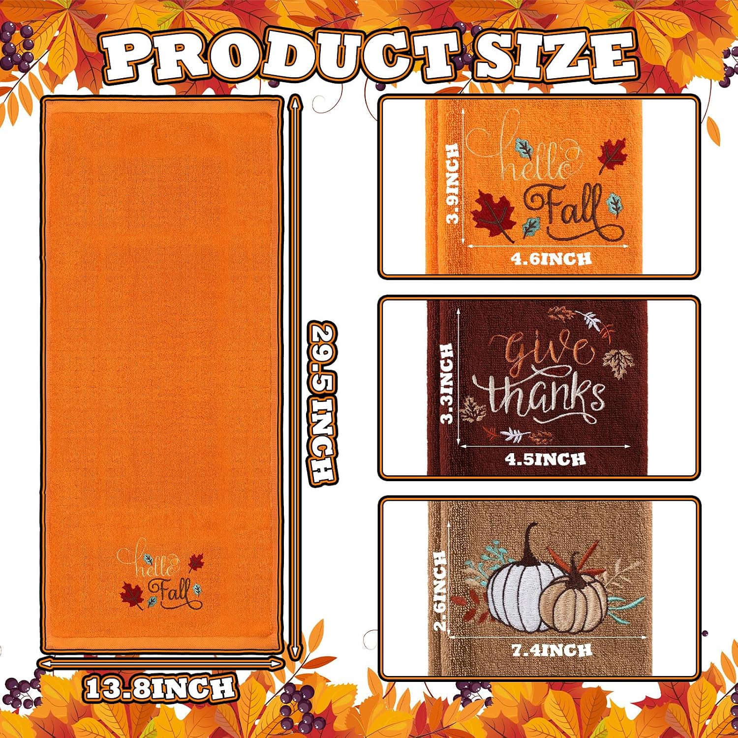 TEMU 3pcs Orange-brown Fall-themed Bathroom Towel Set, 13.8 X Inches, 100% Cotton With Embroidered Pumpkin And Maple Leaf Pattern. Suitable For