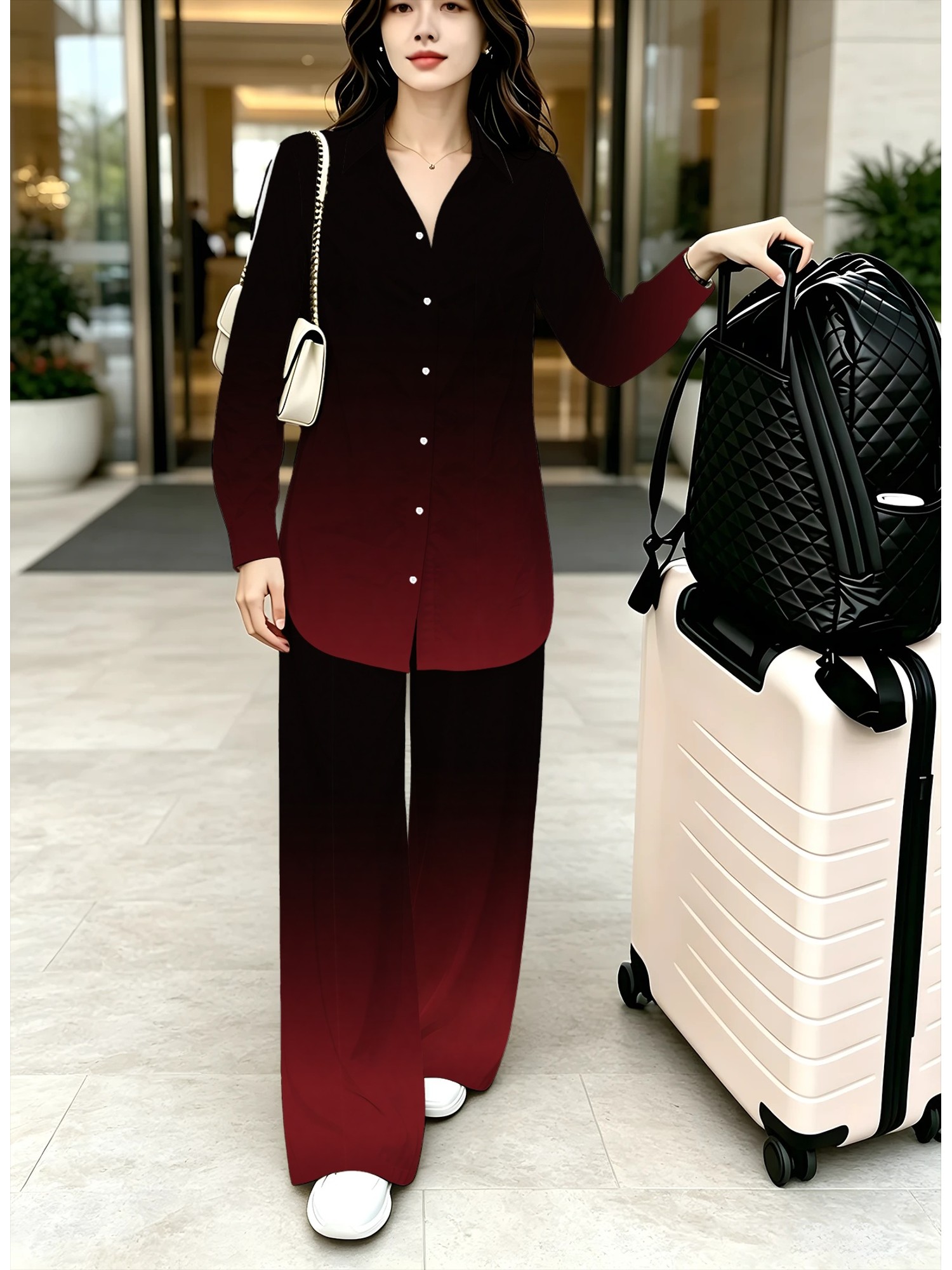 Womens Long Sleeve Shirt Trousers Set Stylish Versatile