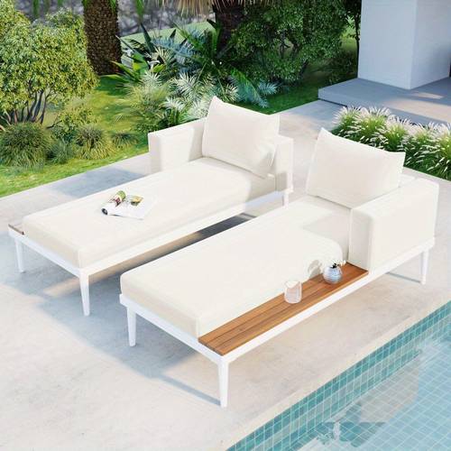 modern outdoor 2 in 1 convertible daybed with drink side pockets padded pillows durable pvc acacia wood 350lb capacity beige for poolside balcony deck balcony furniture minimalist lounger build lounge chair