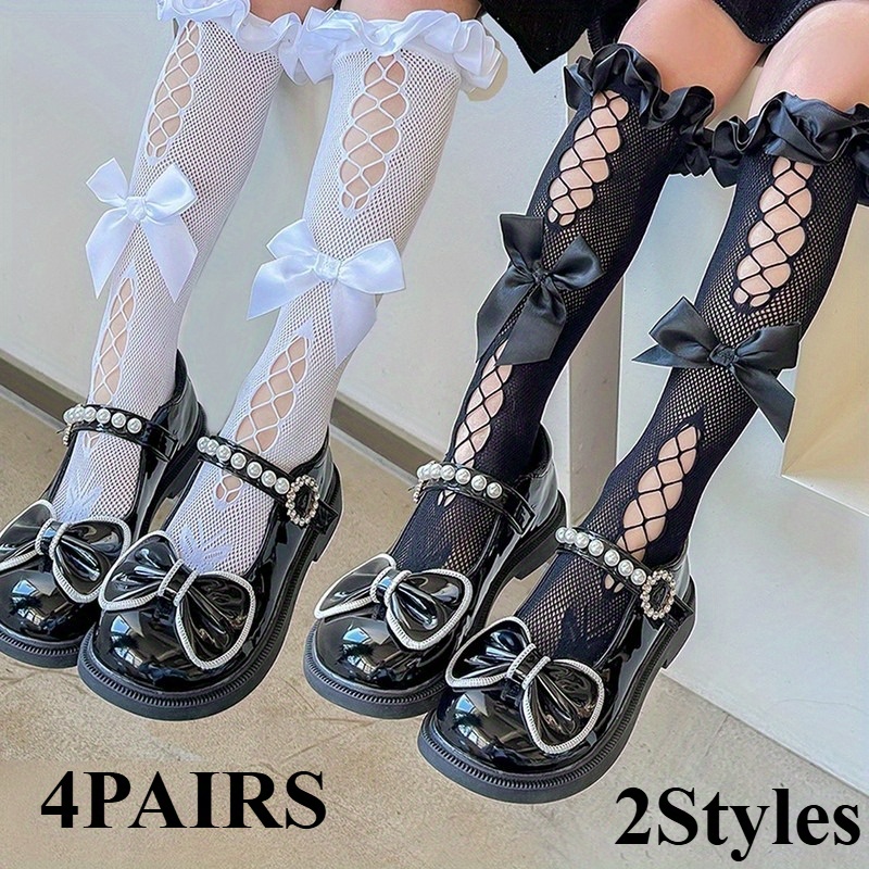 4 Paar 'Lolita Style Sokken met 3D Strikjes & Kantafwerking - Schattige Anime Knielange Jurksokken, Zacht Spandex Stof, Rokken en Zomeroutfits, Krullende Sokken