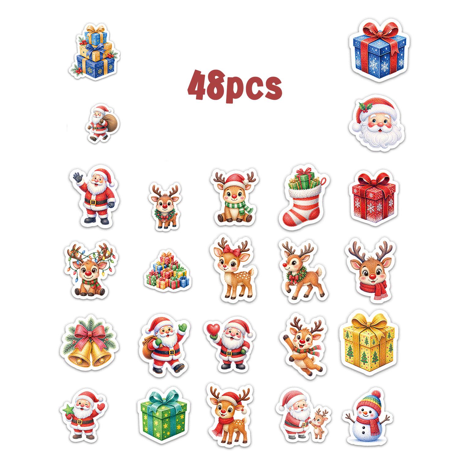 Image of 48pcs Christmas Sticker Set, Featuring Santa Claus And Reindeer Patterns, Suitable For Laptops, Water Bottles, Helmets, Luggage, Windows, Diaries, Diy Crafts, Etc. | Ideal Holiday Gift And Reward