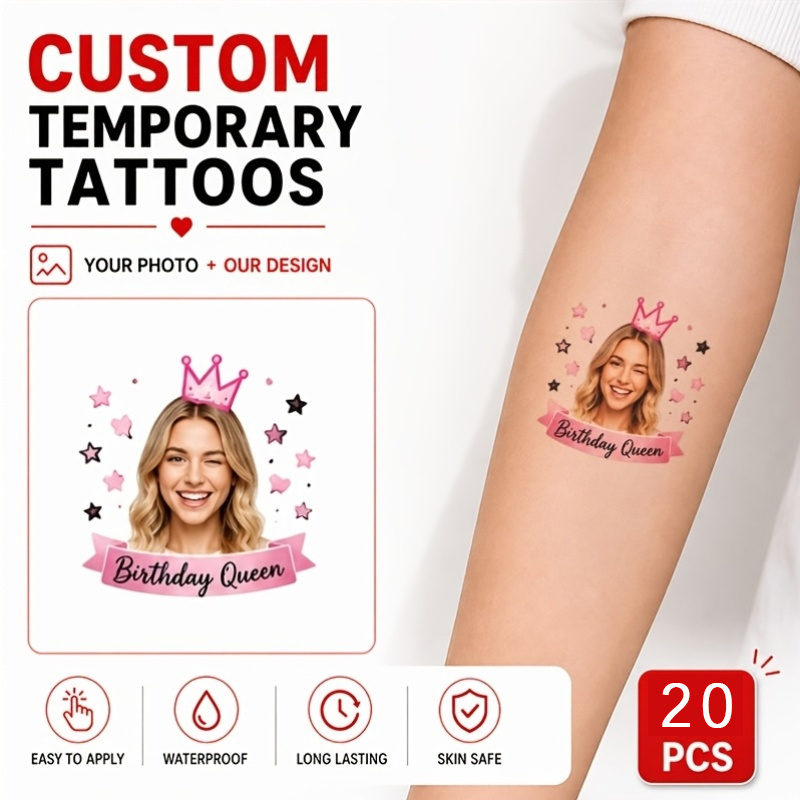 TEMU 20 piezas de tatuajes personalizados, de chica con corona y estrellas, pegatinas de tatuajes temporales, diseño de foto personalizado, diseño
