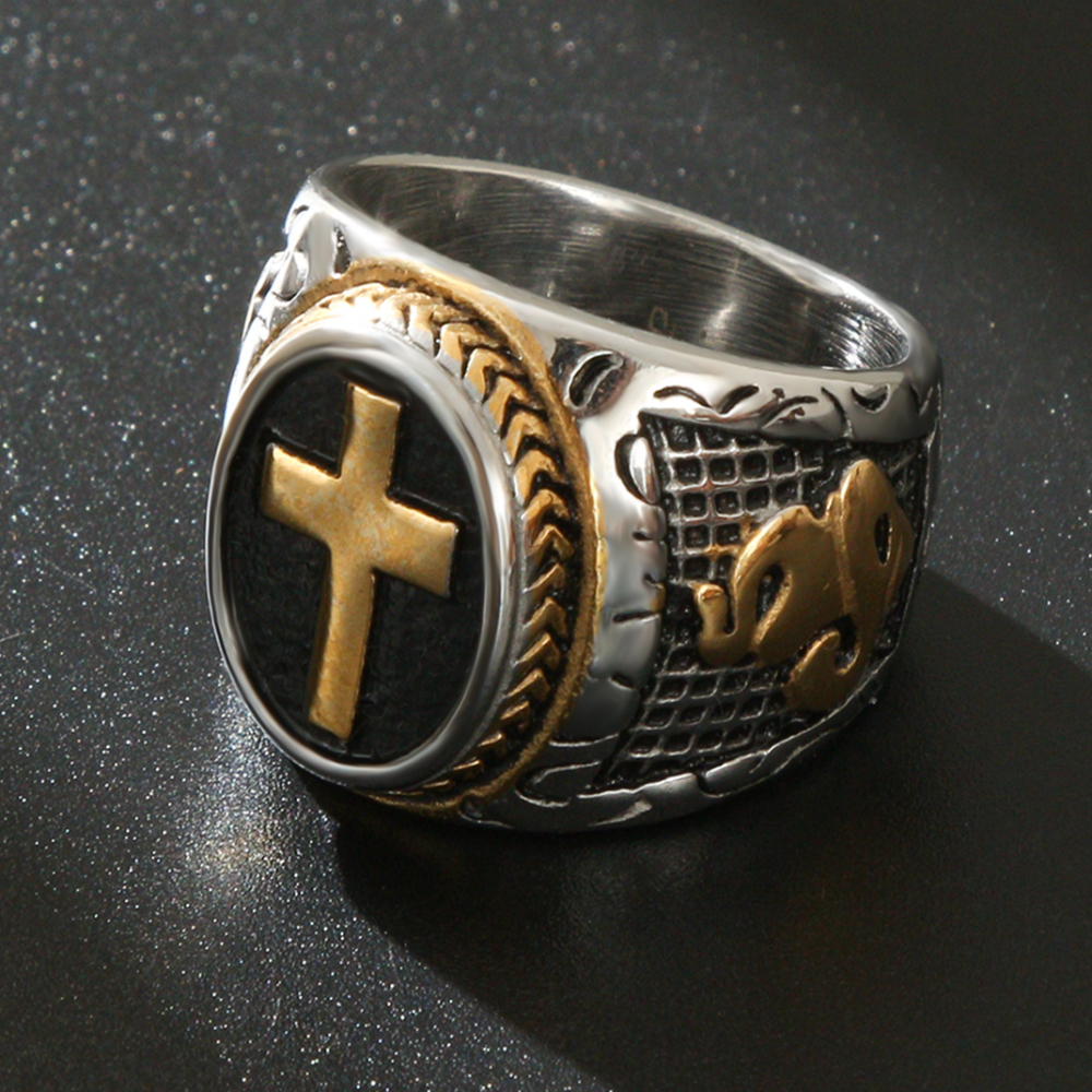 Image of 1pc Men's Ring Made From 316l 316l 316l Stainless Steel, Featuring A Plating With 24k Gold Plated Golden Highlights And A Textured Cross Design, Serving As A Religious Statement Piece, Without Battery