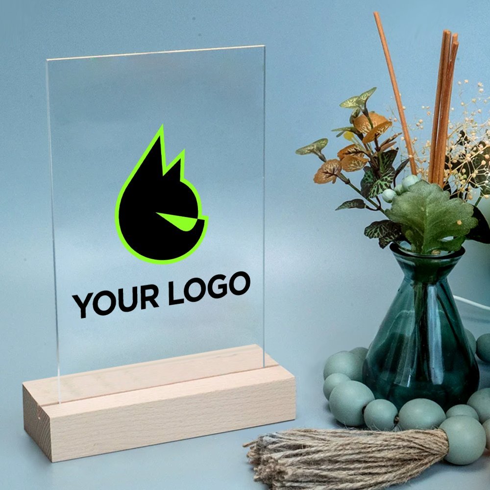 TEMU 1pc Custom Acrylic Table Sign With Wooden Stand - Personalized Logo, Premium Corporate Gift For Office Decor, Green And , Indoor/outdoor Use,