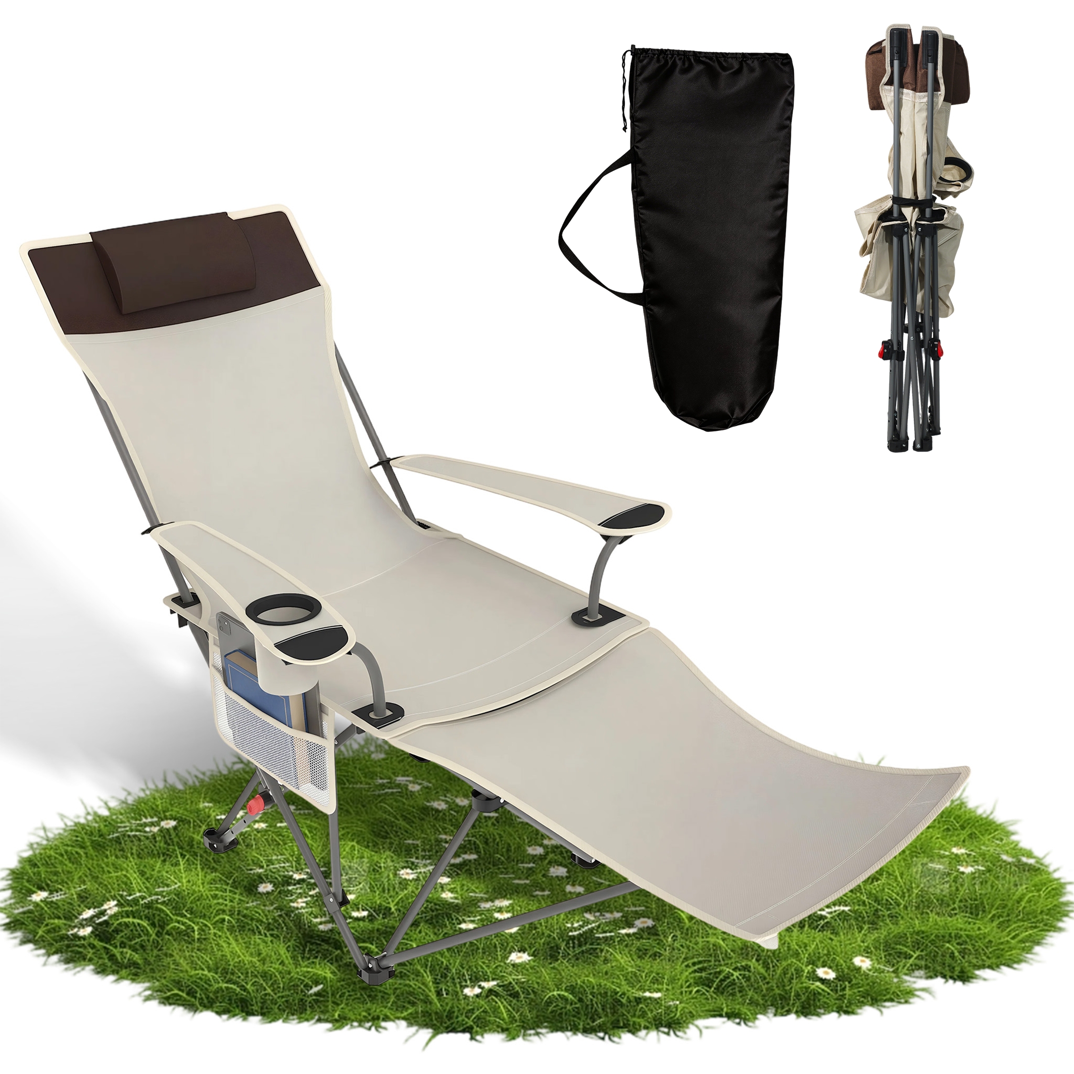 Image of Foldable Outdoor Deckchair, Featuring A Cup Holder And Storage Pocket, Which Can Be Used As A Beach Chair, Garden Chair, Camping Chair Or Office Chair. Easy To Store And Convenient To Use.