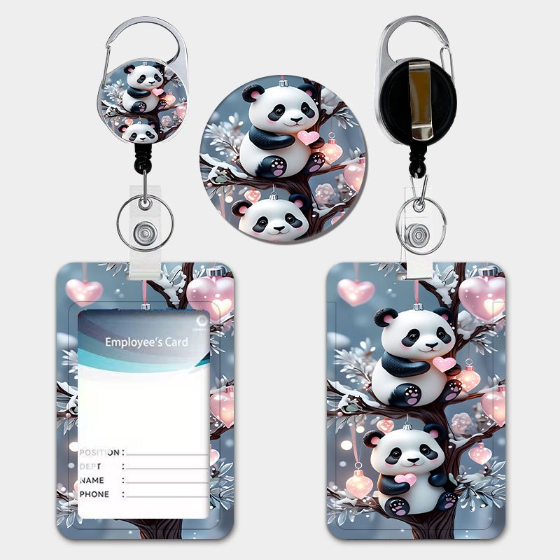 TEMU Cute Panda Couple Tree Hanging Ornaments With Heart Pattern, Personalized Card Holder Set With Retractable Lanyard And Key Ring, Durable Plastic