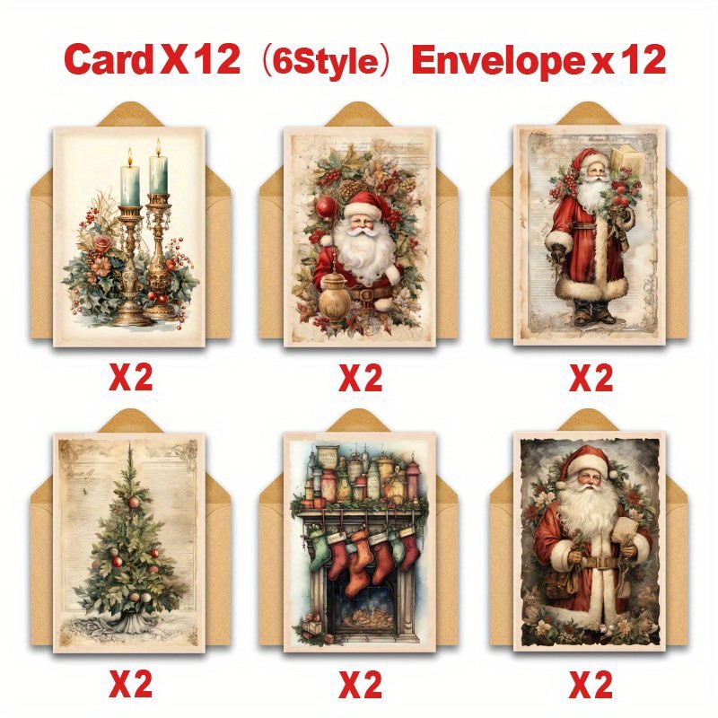 TEMU 12pcs Greeting Cards And 12pcs Envelopes, Christmas Cards, Birthday Wishes And Greeting Cards, Retro Santa Claus, As A Gift For , Teachers, ,