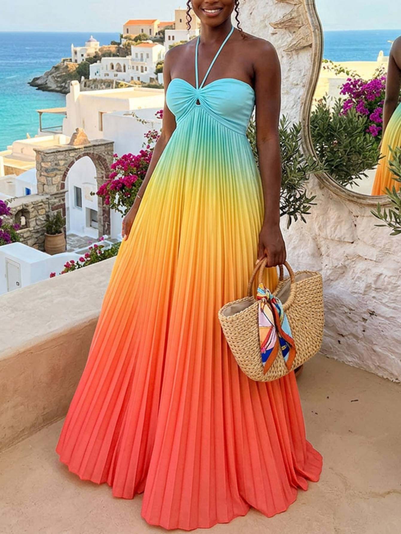 maxi backless summer dress Reveloire Halter Neck Backless Summer Dress with Straps