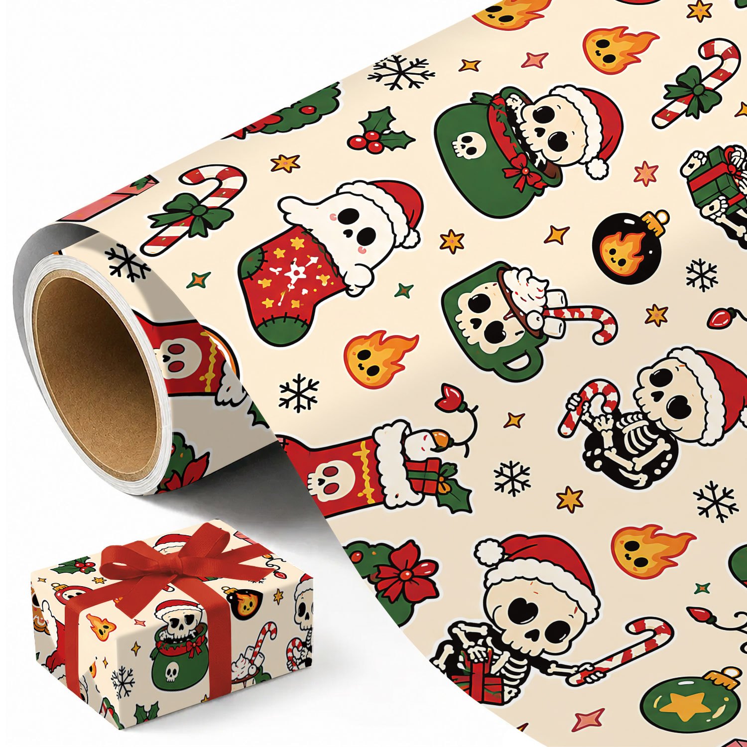 TEMU 1 Roll Spooky Cute Skeleton Christmas Wrapping Paper Suitable For Xmas Gifts, Holiday Party Decorations, Craft Projects - Roll With Single-sided