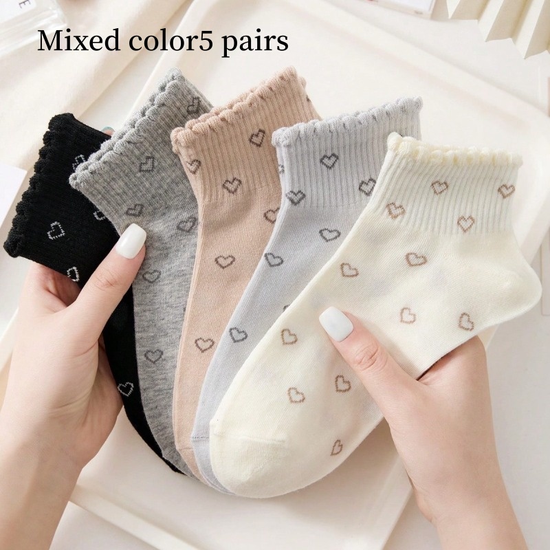 Image of 5 Pairs Of Summer Breathable Low-cut Socks, Japanese Lace Heart Print, Preppy Style Short Socks