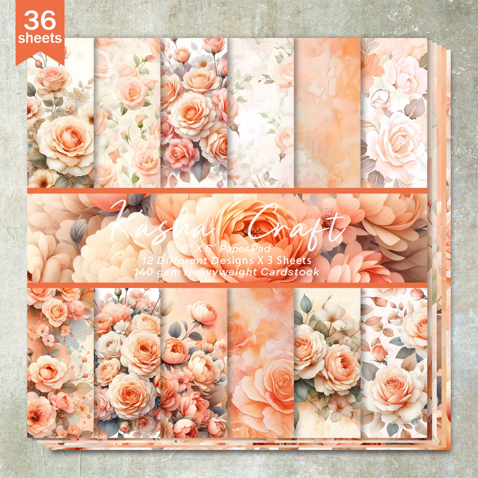 36 Vellen 6-inch (Romantische Oranje Rozenbloei Achtergrond) * Papier,  Geschikt voor * Journal, Junk Journal, Wenskaart Achtergrond, Fotoalbum en  Knutselwerk, image size:1600x1600