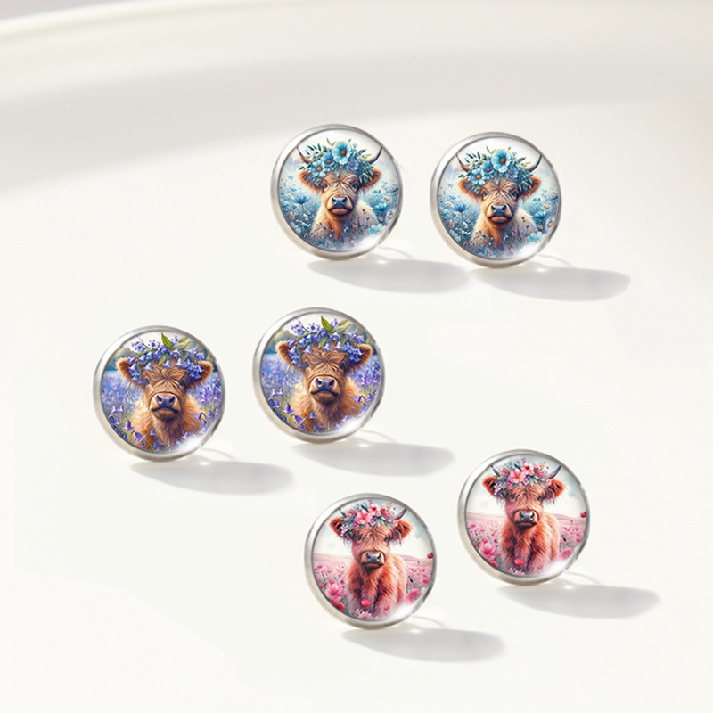 TEMU 3pairs Cute Highland Cow Wearing Flower Wreath Picture Round Stud Earrings Set Handmade Jewelry Gift For , Without Battery