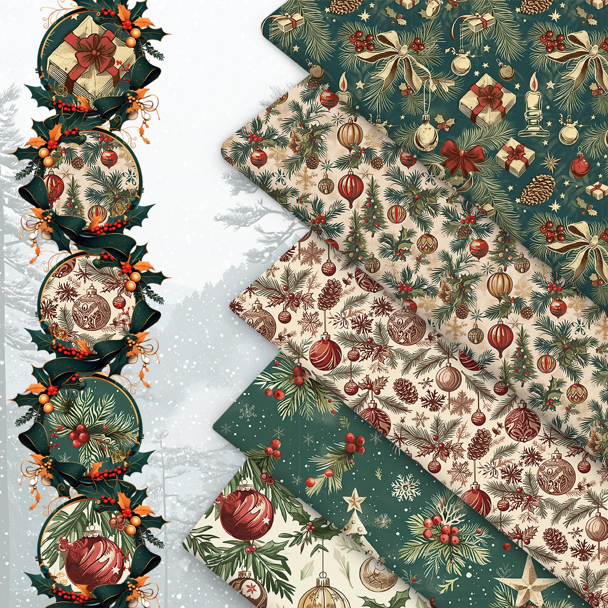 E-shop 5-teiliges Vintage-Weihnachtsdruck-Set – Rote grüne Weihnachtskugeln, Tannenzweig Schneeflocken-Muster, Weihnachtsdekoration, 24x50 cm, 100 %