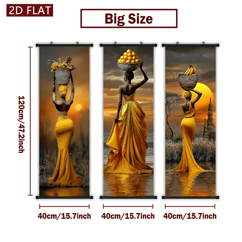 TEMU 2d Flat, 2d/flat-3pcs African Women In Yellow Dresses Plastic Scroll Wall Arthigh - Definition Printed Wall Decormodern Wall Art For Living Room