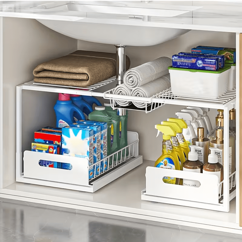 TEMU 2 Tier 2-in-1 Under Sink Organizer, Metal Pull-out Cabinet Organizer Shelf, Kitchen Bathroom Organizers And Storage With Sliding Drawer, Storage