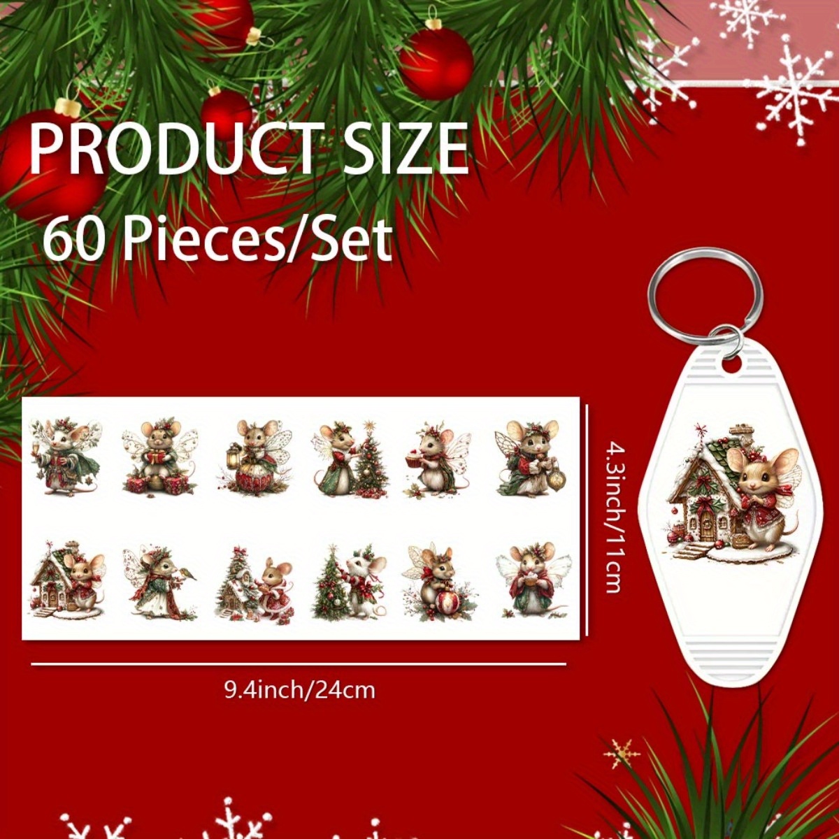E-shop 60 Stück Weihnachtsmäuse UV DTF Transfer Hochviskos Kleber Geeignet für DIY Basteln Bürobedarf Schlüsselanhänger Accessoires DIY Basteln |