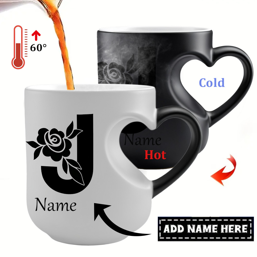One Custom 11Oz Mug Featuring a Personalized Name And Floral Letter Design That Changes Color with Hot Water: an Ideal Present for Loved Ones - Heart-Shaped Ceramic Cup - Perfect for Halloween, Thanksgiving, And Christmas.