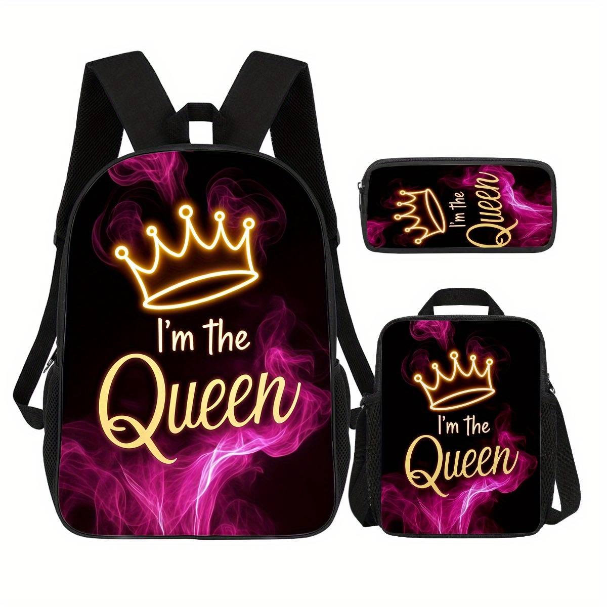 TEMU 3pcs Queen Letters Design Backpack Set, Current Set With 17.1 Inch Portable Casual Bookpack & Insulated Lunch Bag & Multi-functional Pencil Bag