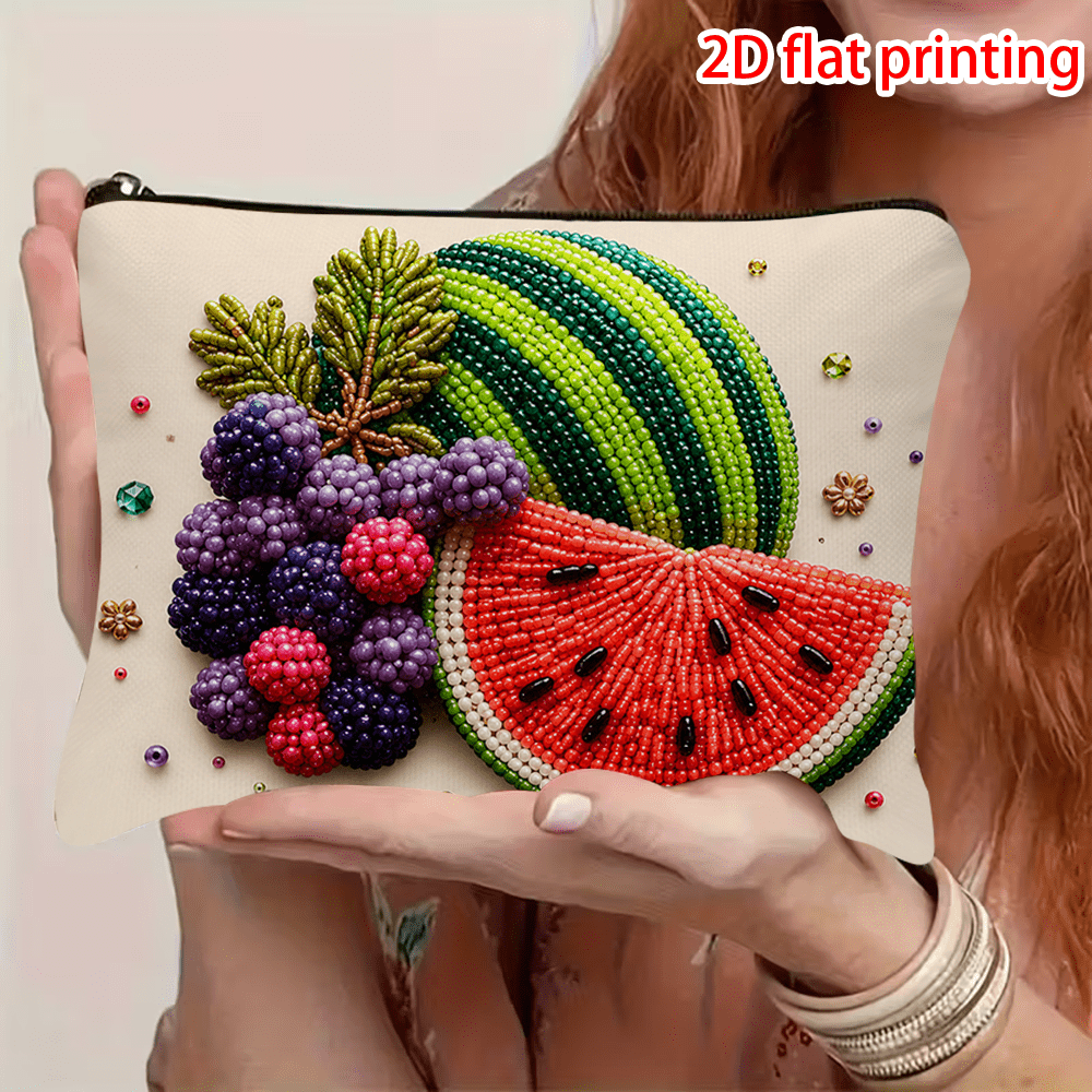 TEMU 1pc 2d Flat Printing Makeup Bag Colorful Fruit Pattern Grapes Watermelon Beaded Zipper Cosmetic Pouch Travel Storage Organizer